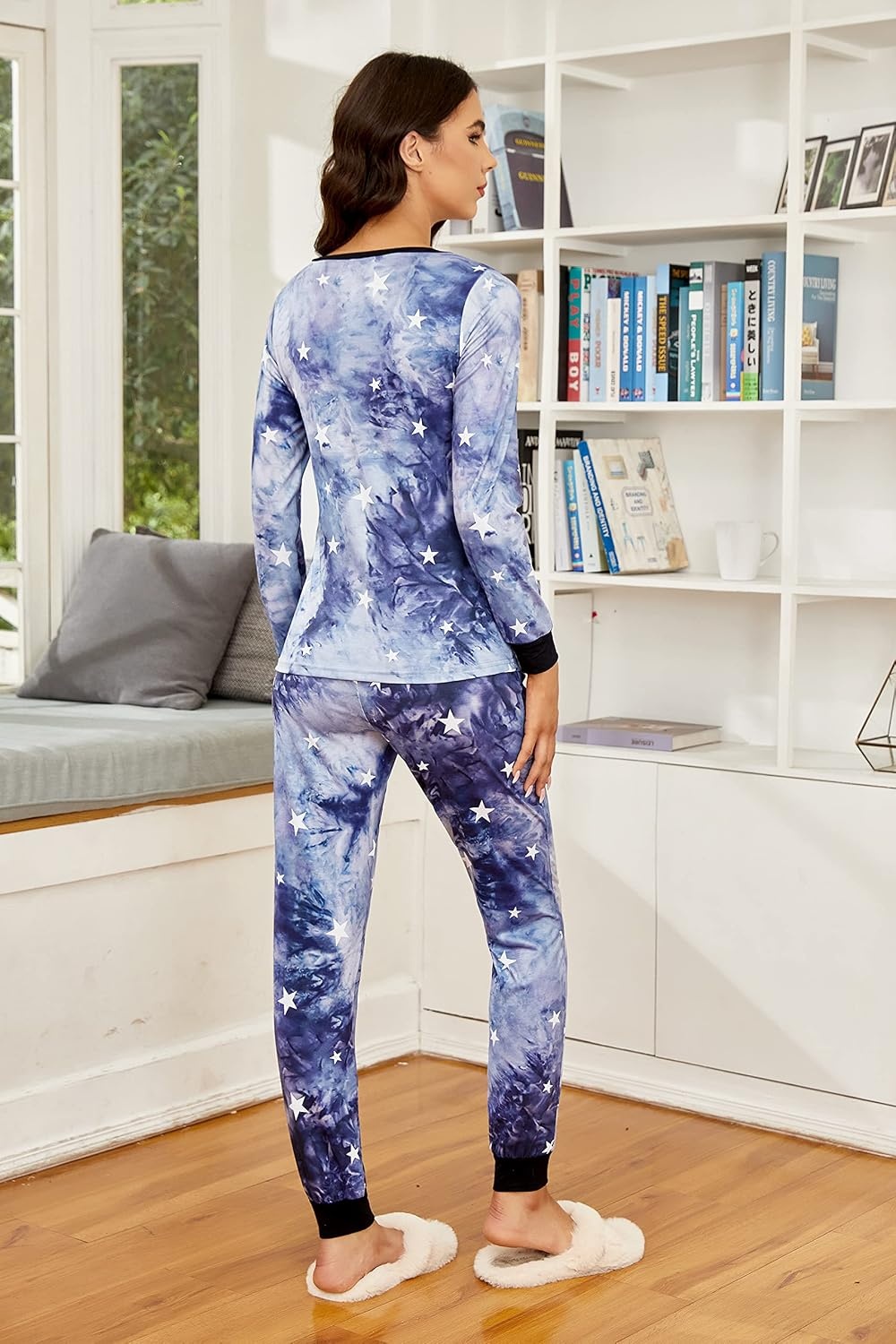 image:imageEkouaer Womens Pajamas Sets Long Sleeve Tops with Jogger PantsBlue Star
