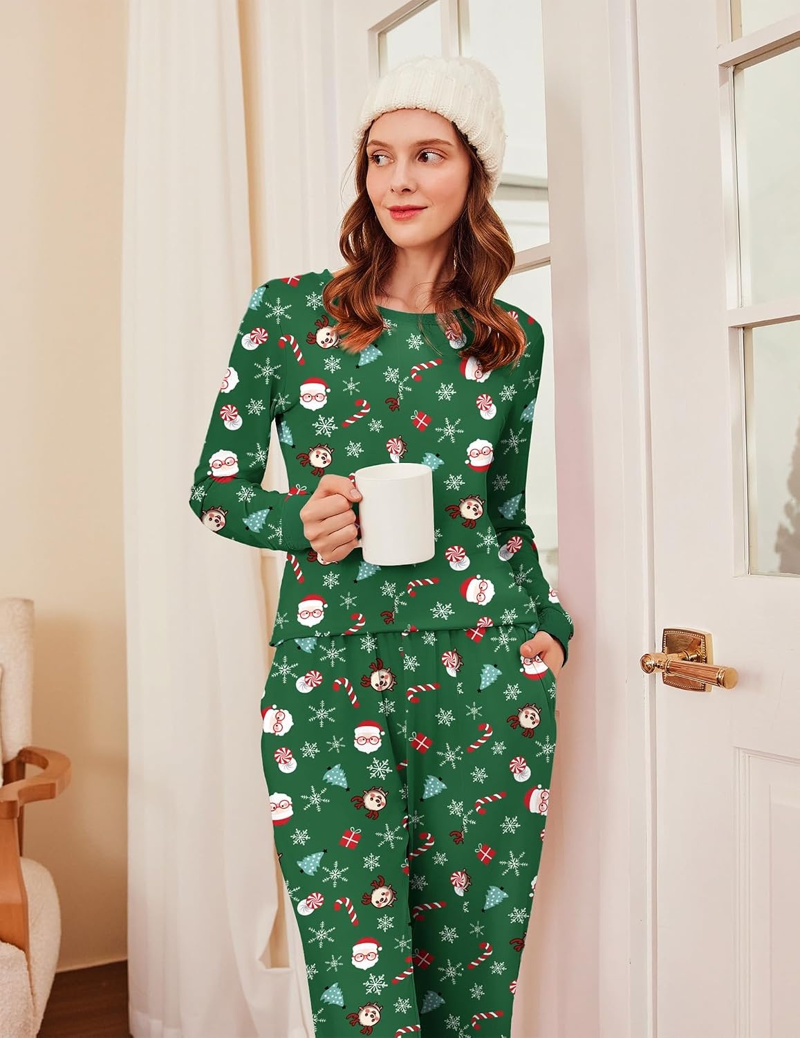 image:imageEkouaer Womens Pajamas Sets Long Sleeve Tops with Jogger PantsChristmas Green