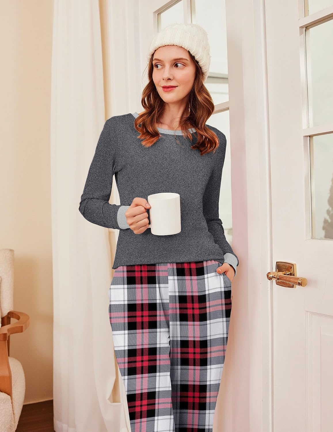 image:imageEkouaer Womens Pajamas Sets Long Sleeve Tops with Jogger PantsDark Grey Plaid