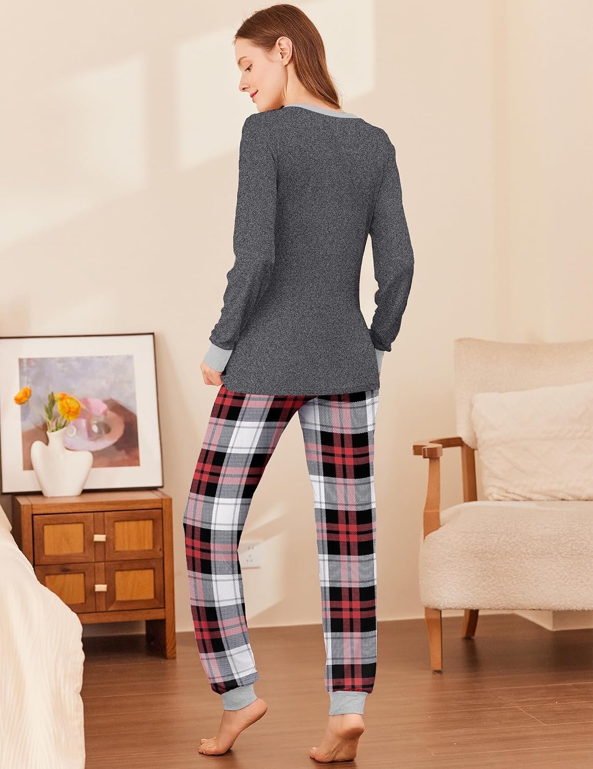 image:imageEkouaer Womens Pajamas Sets Long Sleeve Tops with Jogger PantsDark Grey Plaid