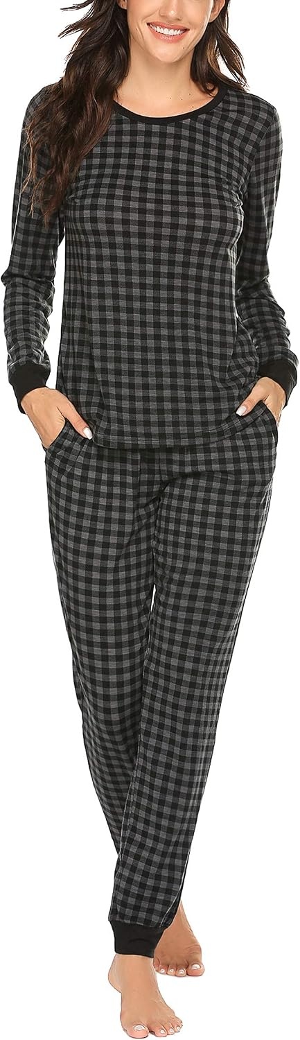 image:imageEkouaer Womens Pajamas Sets Long Sleeve Tops with Jogger PantsGrey Plaid