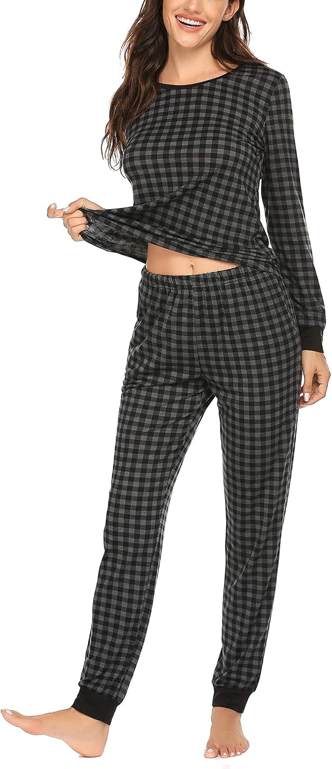 image:imageEkouaer Womens Pajamas Sets Long Sleeve Tops with Jogger PantsGrey Plaid