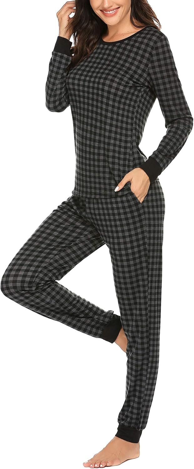 image:imageEkouaer Womens Pajamas Sets Long Sleeve Tops with Jogger PantsGrey Plaid