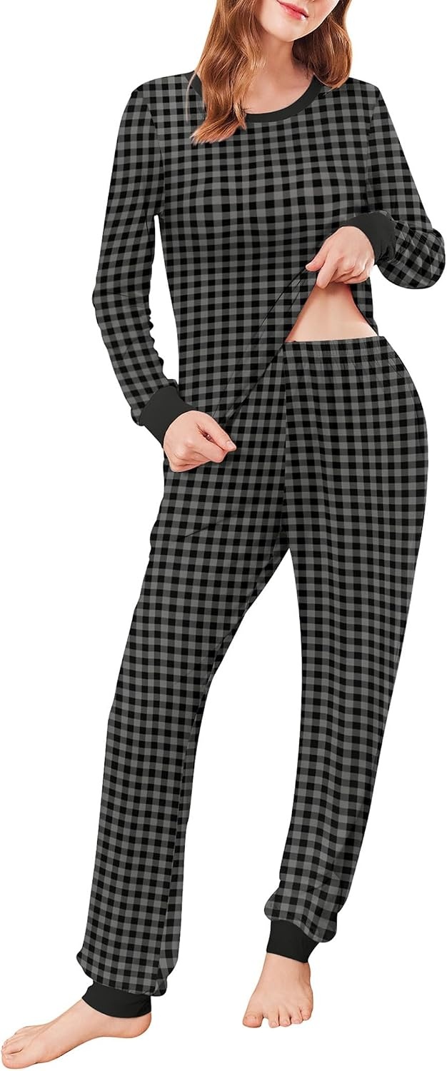 image:imageEkouaer Womens Pajamas Sets Long Sleeve Tops with Jogger PantsGrey Plaid