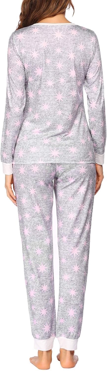 image:imageEkouaer Womens Pajamas Sets Long Sleeve Tops with Jogger PantsLight Grey Pink Star