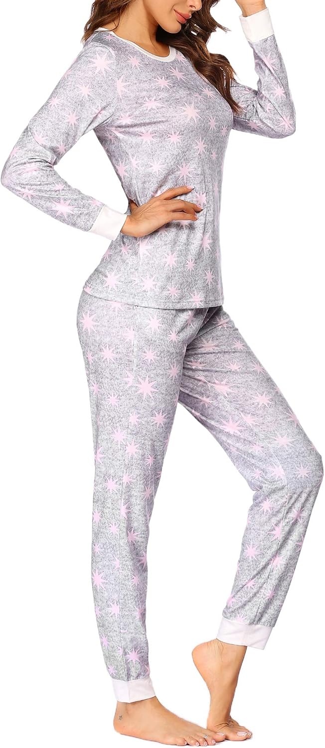image:imageEkouaer Womens Pajamas Sets Long Sleeve Tops with Jogger PantsLight Grey Pink Star
