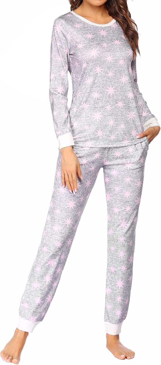 image:imageEkouaer Womens Pajamas Sets Long Sleeve Tops with Jogger PantsLight Grey Pink Star