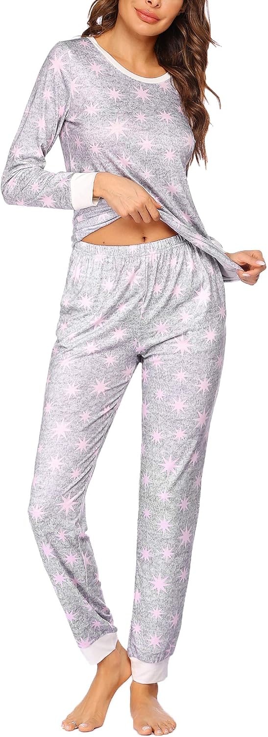 image:imageEkouaer Womens Pajamas Sets Long Sleeve Tops with Jogger PantsLight Grey Pink Star
