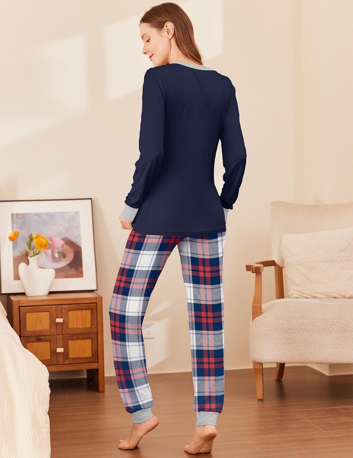 image:imageEkouaer Womens Pajamas Sets Long Sleeve Tops with Jogger PantsNavy Blue Plaid