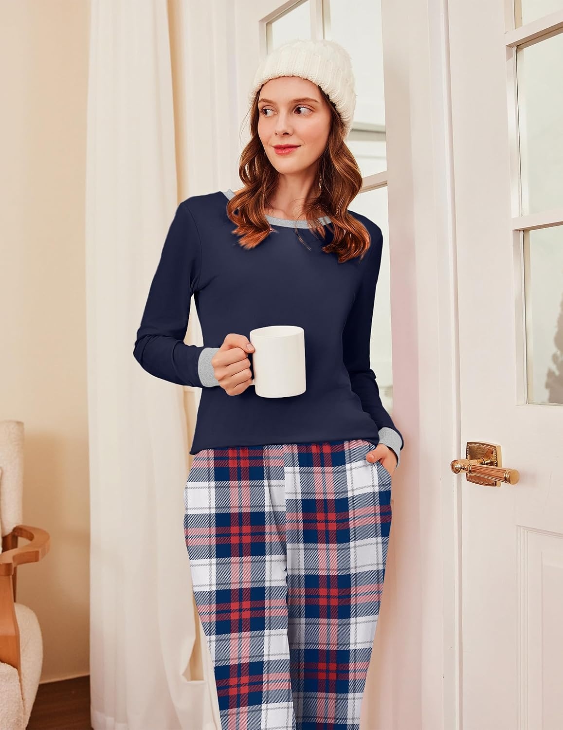 image:imageEkouaer Womens Pajamas Sets Long Sleeve Tops with Jogger PantsNavy Blue Plaid
