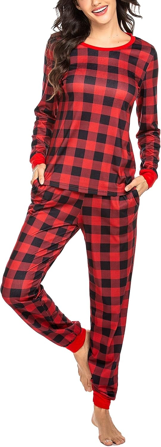 image:imageEkouaer Womens Pajamas Sets Long Sleeve Tops with Jogger PantsRed Big Plaid