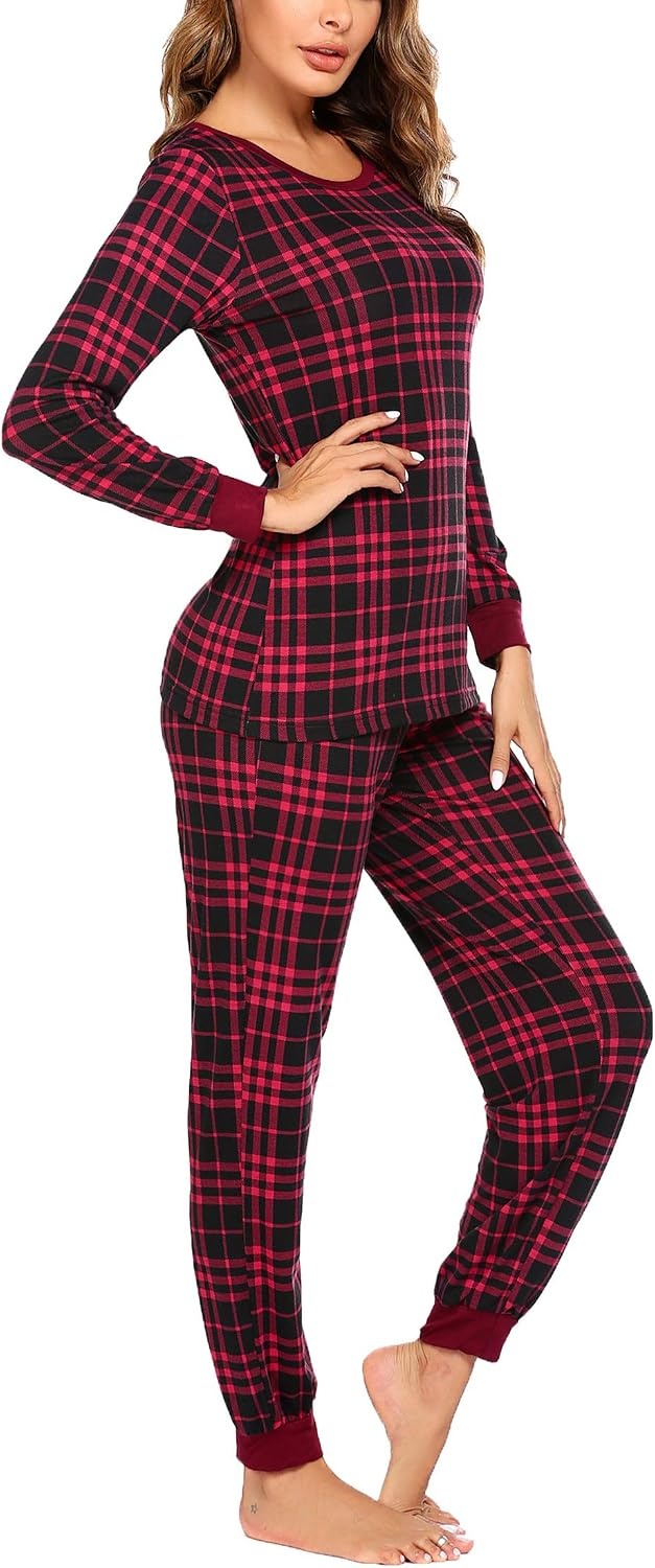 image:imageEkouaer Womens Pajamas Sets Long Sleeve Tops with Jogger PantsRed Black Plaid