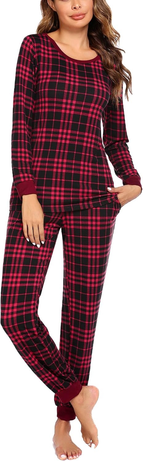 image:imageEkouaer Womens Pajamas Sets Long Sleeve Tops with Jogger PantsRed Black Plaid
