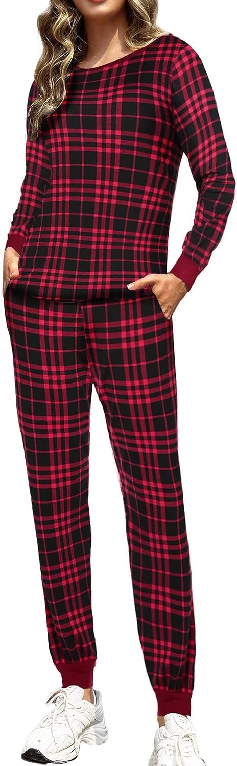 image:imageEkouaer Womens Pajamas Sets Long Sleeve Tops with Jogger PantsRed Black Plaid