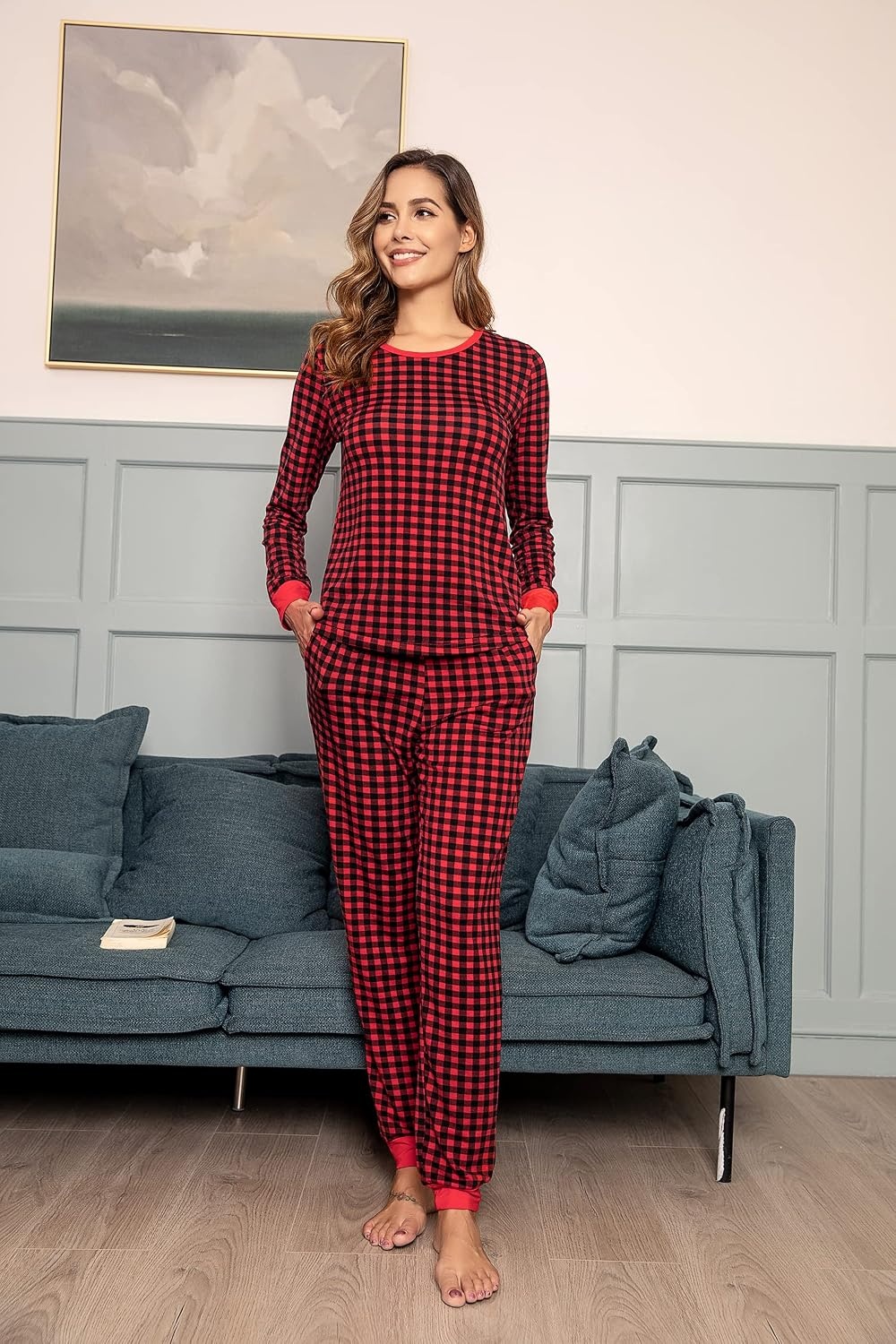 image:imageEkouaer Womens Pajamas Sets Long Sleeve Tops with Jogger PantsRed Plaid