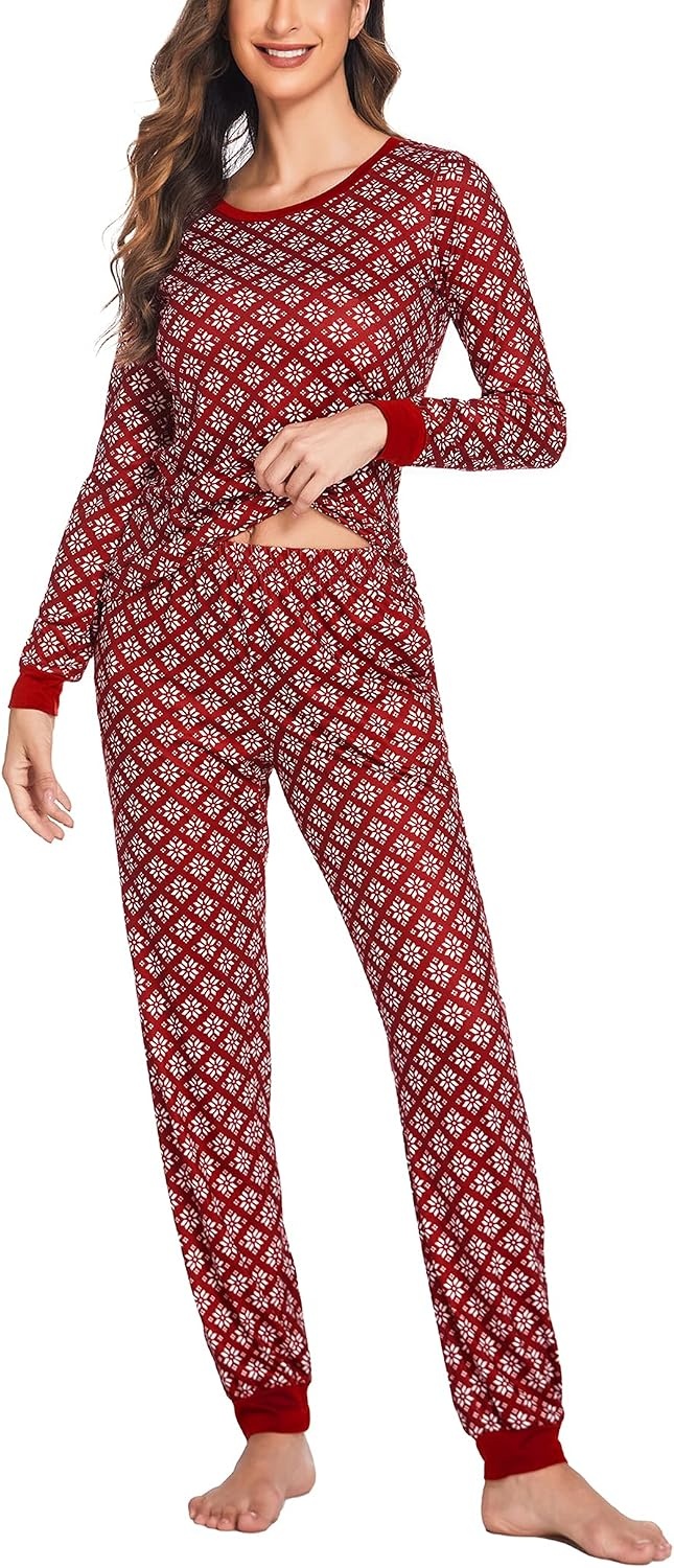 image:imageEkouaer Womens Pajamas Sets Long Sleeve Tops with Jogger PantsSnowflake