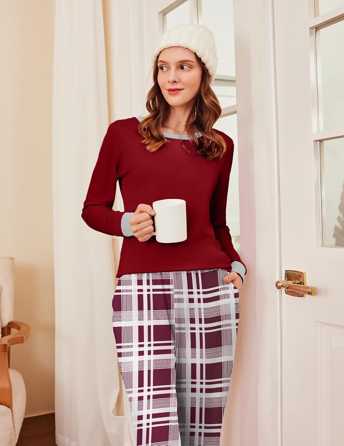 image:imageEkouaer Womens Pajamas Sets Long Sleeve Tops with Jogger PantsWine Red Plaid
