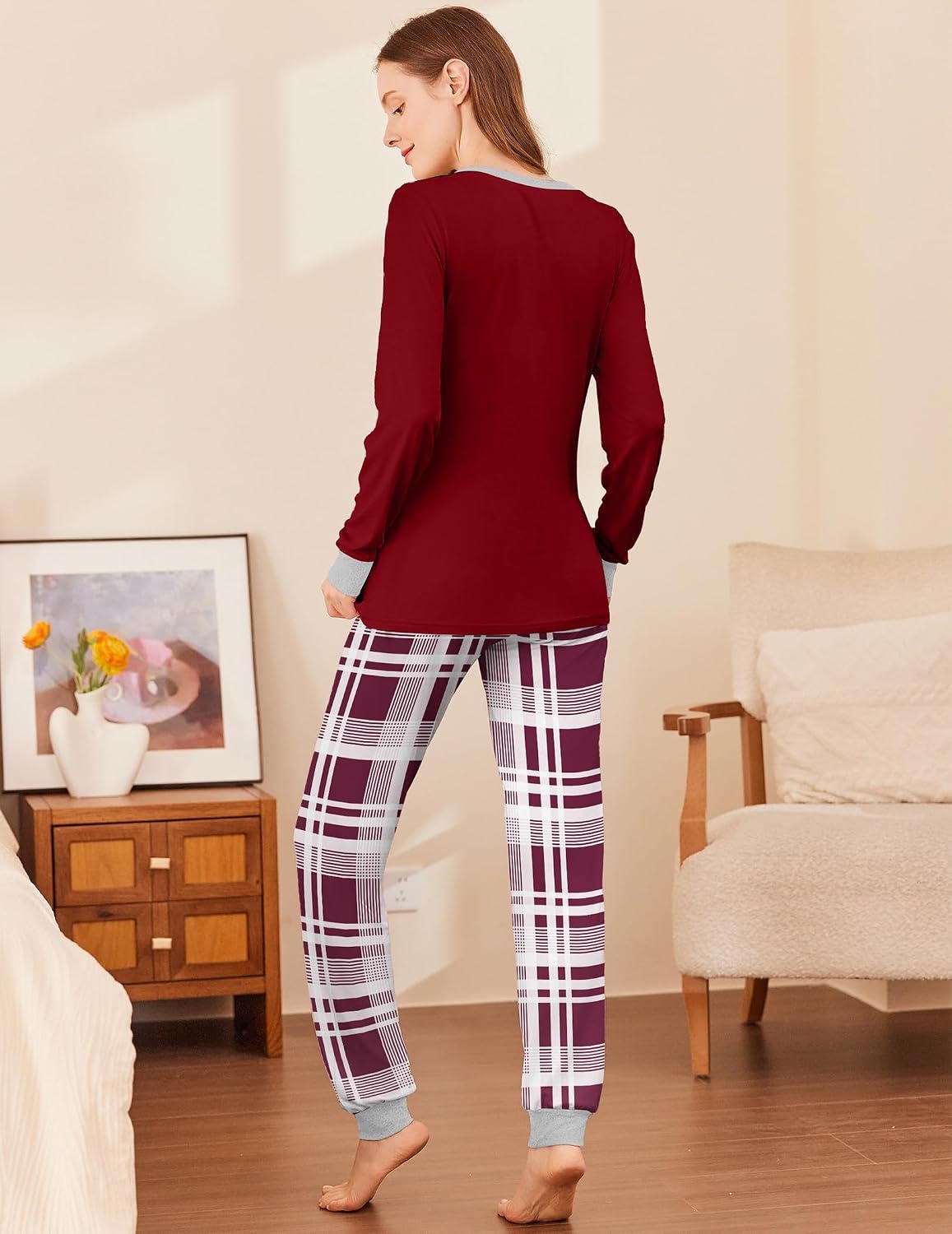 image:imageEkouaer Womens Pajamas Sets Long Sleeve Tops with Jogger PantsWine Red Plaid