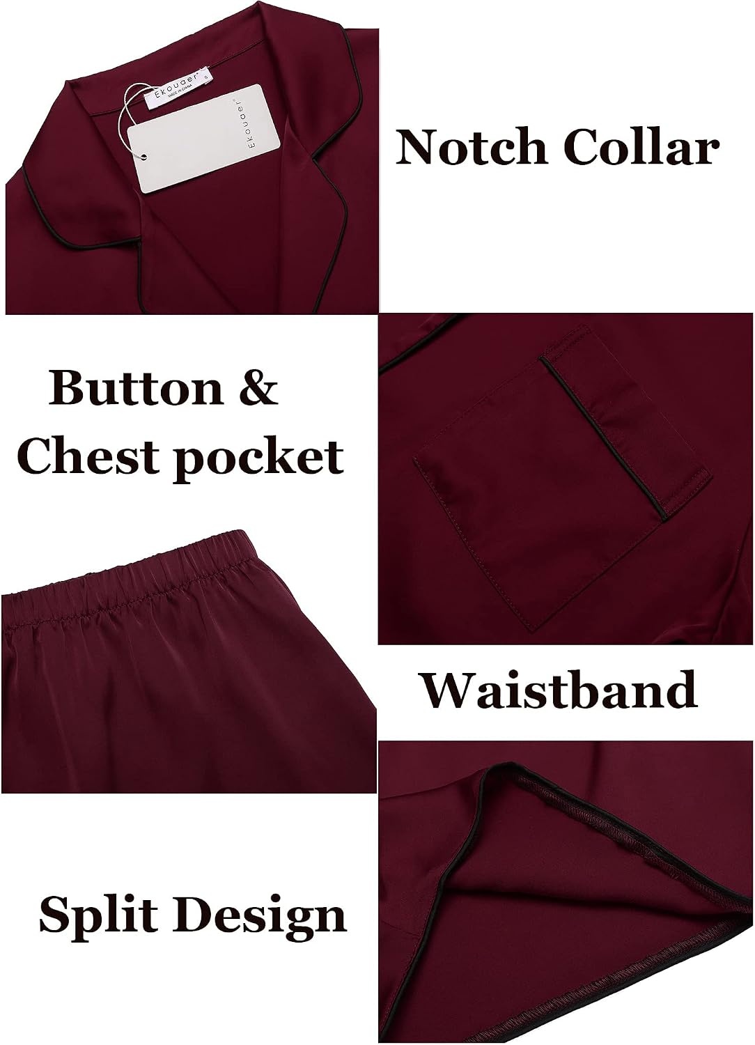 image:imageEkouaer Womens Silk Satin Pajamas Set Short Sleeve Sleepwear S5X Plus SizeWine Red