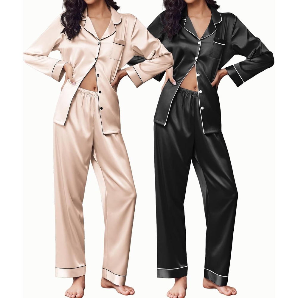 image:imageEkouaer 2 Pack Silk Pajamas for Women Set Lounge Sets Button Up Pj SetsBlackChampagne