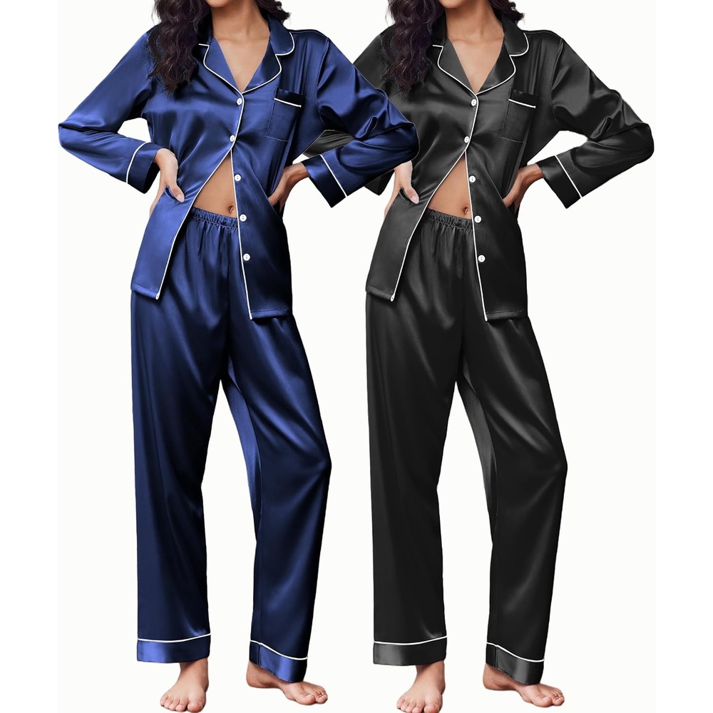 image:imageEkouaer 2 Pack Silk Pajamas for Women Set Lounge Sets Button Up Pj SetsBlackNavy Blue