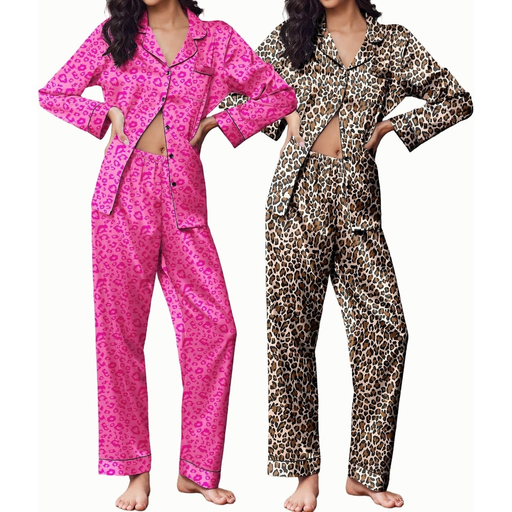 image:imageEkouaer 2 Pack Silk Pajamas for Women Set Lounge Sets Button Up Pj SetsLeopardRose Leopard