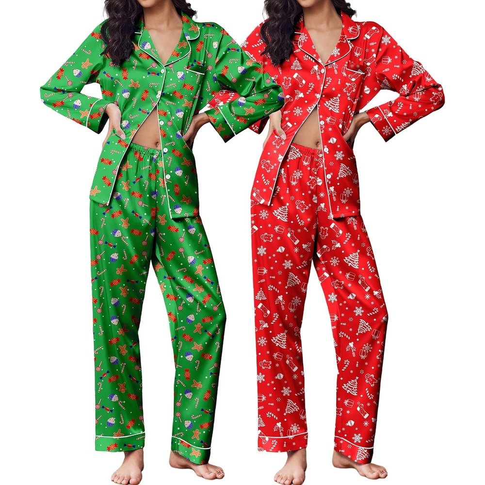 image:imageEkouaer 2 Pack Silk Pajamas for Women Set Lounge Sets Button Up Pj SetsRedGreen Chirstmas Pattern