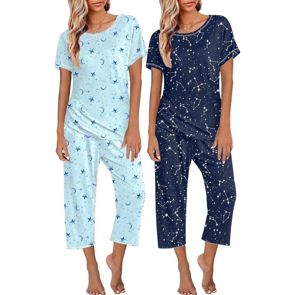 image:imageEkouaer 2 Pack Womens Pajamas Sets Short Sleeve Tops and Capri Pants PjsBlue Stars  Moon