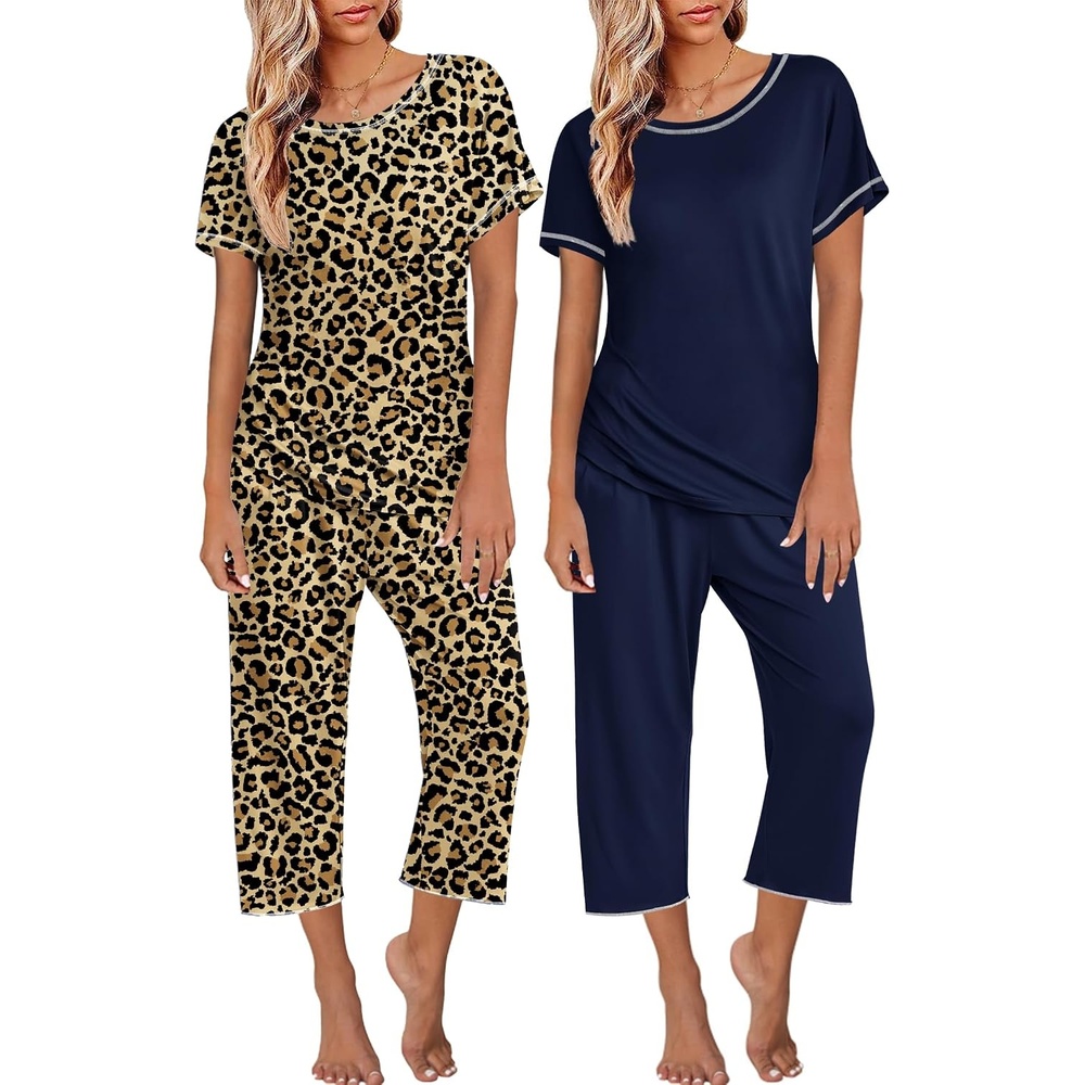 image:imageEkouaer 2 Pack Womens Pajamas Sets Short Sleeve Tops and Capri Pants PjsNavy Blueleopard