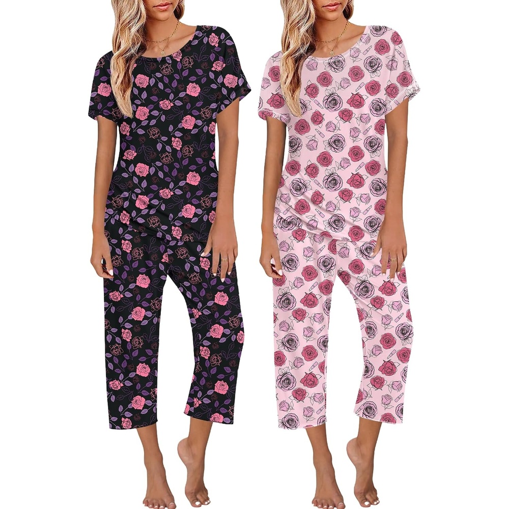 image:imageEkouaer 2 Pack Womens Pajamas Sets Short Sleeve Tops and Capri Pants PjsPanting Roses