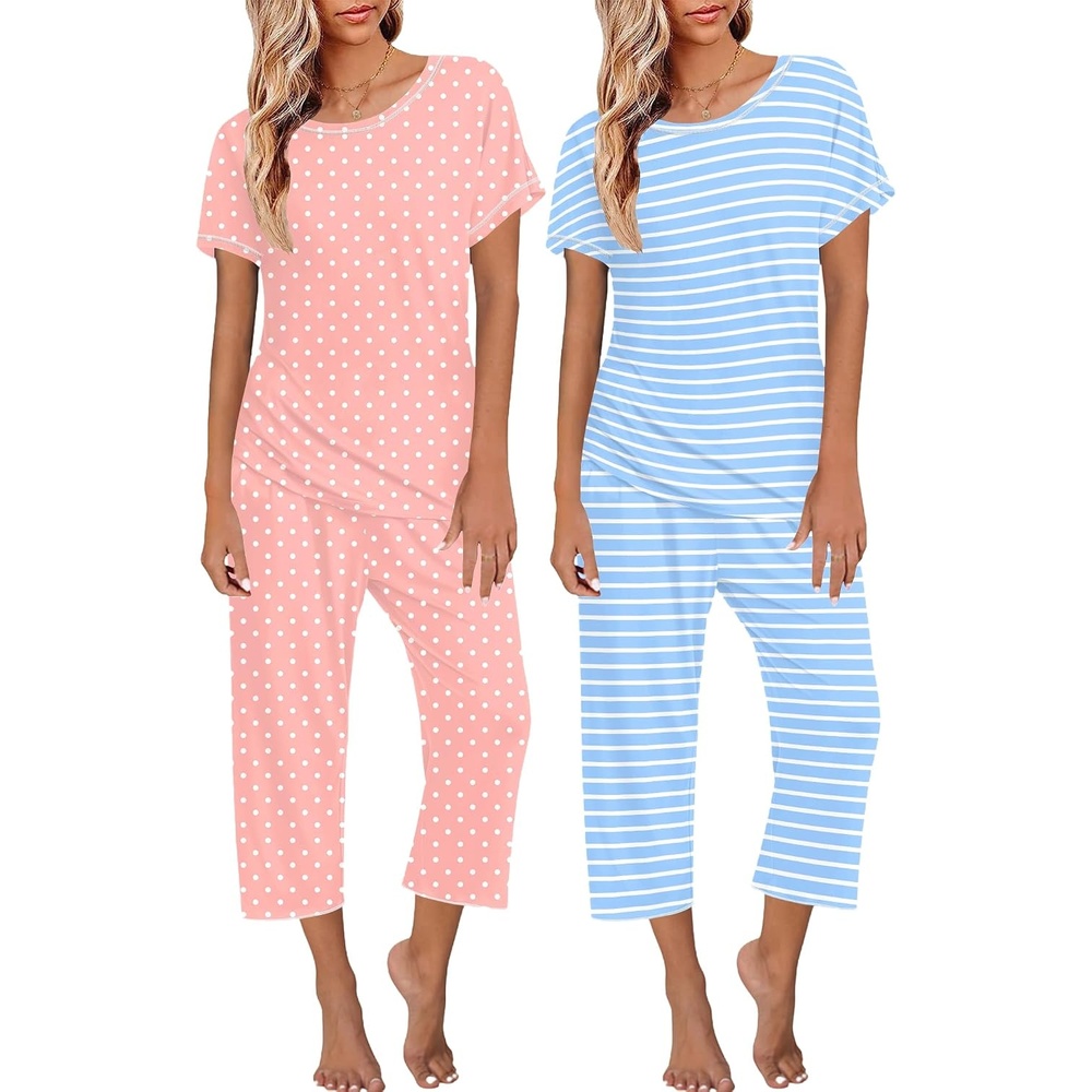 image:imageEkouaer 2 Pack Womens Pajamas Sets Short Sleeve Tops and Capri Pants PjsPink Points Blue Stripes