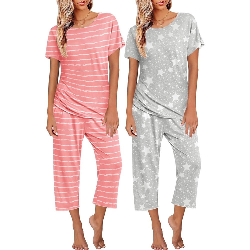 image:imageEkouaer 2 Pack Womens Pajamas Sets Short Sleeve Tops and Capri Pants PjsPink Stripe Grey Stars