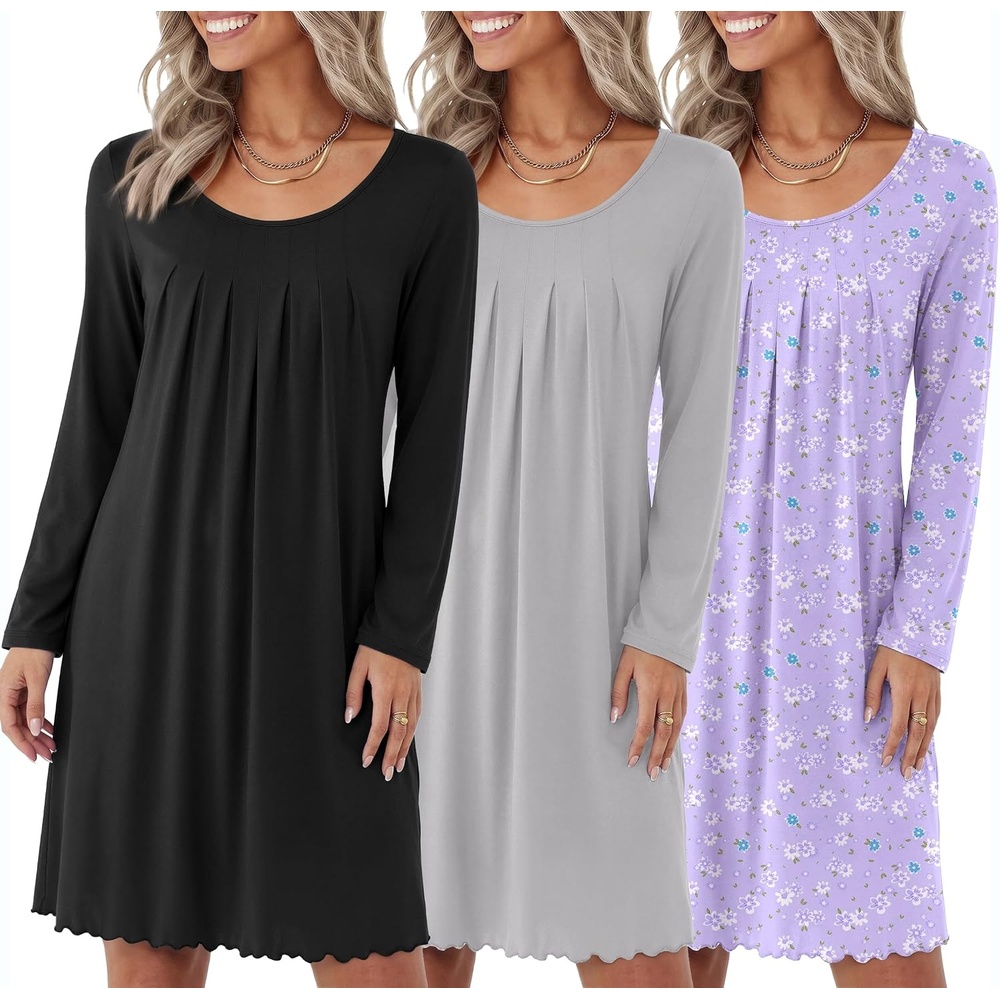 image:imageEkouaer 3 Pack Womens Long Sleeve Nightgowns Soft Sleep Shirt SleepwearBlack grey lilac Flower