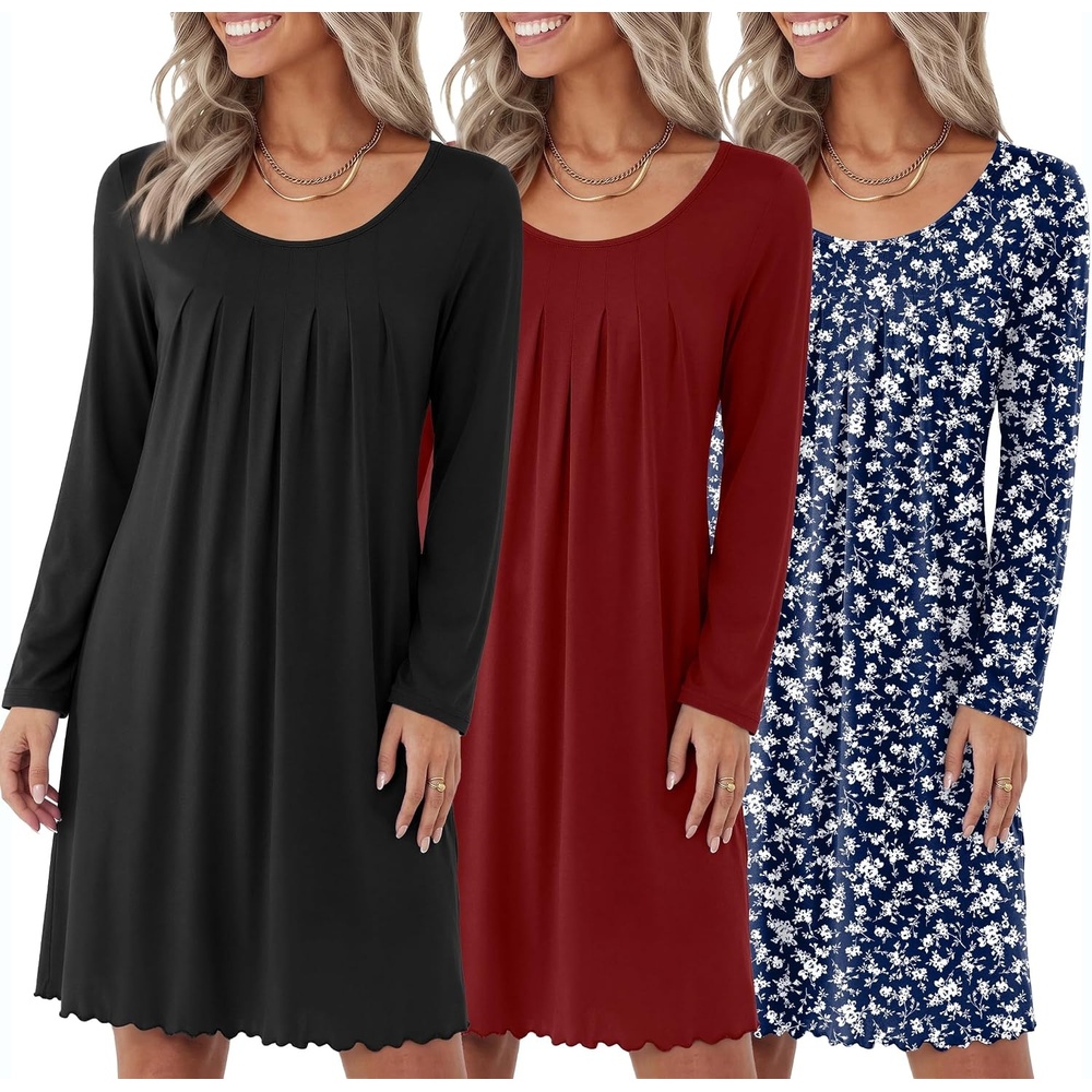image:imageEkouaer 3 Pack Womens Long Sleeve Nightgowns Soft Sleep Shirt SleepwearBlack wine Red black White Flower