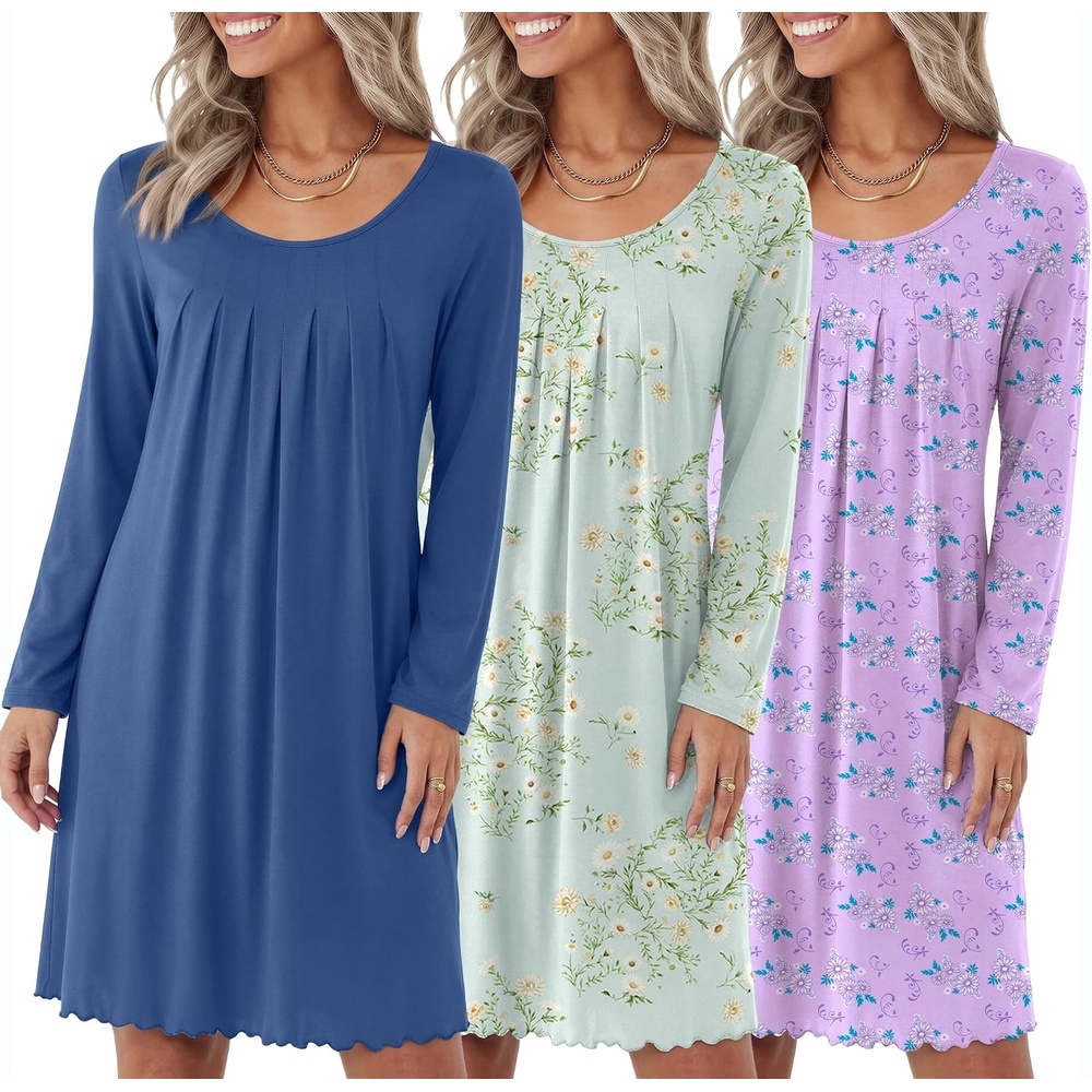 image:imageEkouaer 3 Pack Womens Long Sleeve Nightgowns Soft Sleep Shirt SleepwearNavy purple Floral green Floral