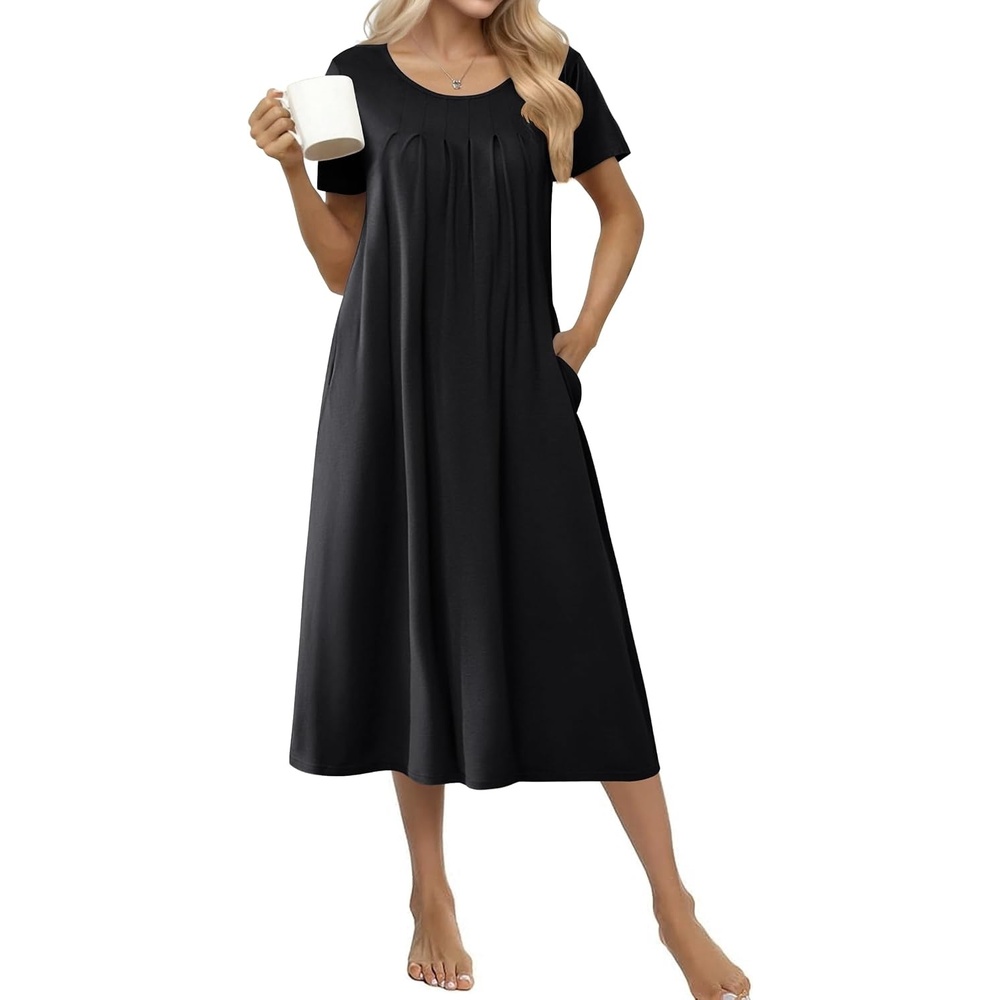 image:imageEkouaer Cotton Nightgowns for Women Long Pleated House Dresses with PocketsBlack