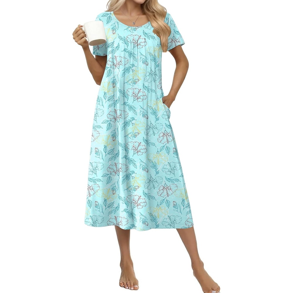 image:imageEkouaer Cotton Nightgowns for Women Long Pleated House Dresses with PocketsLine Drawing Flowers Green