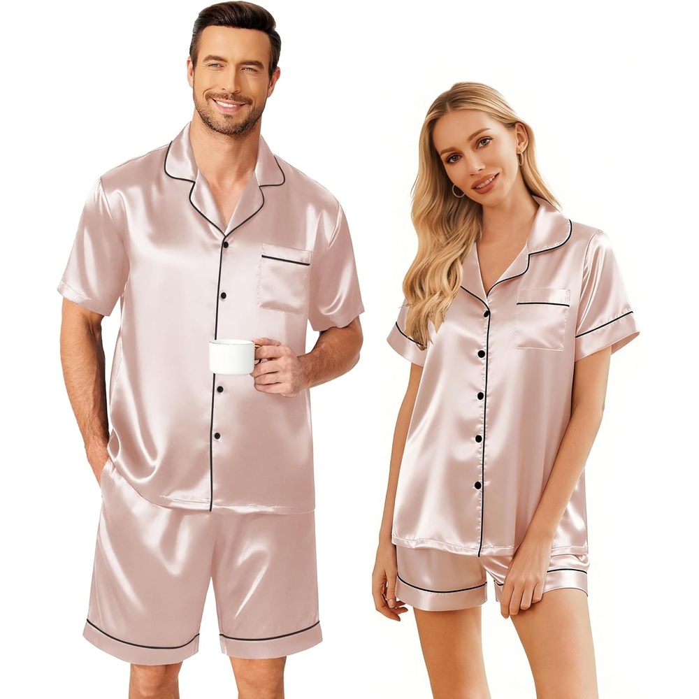 image:imageEkouaer Couple Matching Pajamas Sets Silk Short Sleeve Button Up SleepwearChampagne