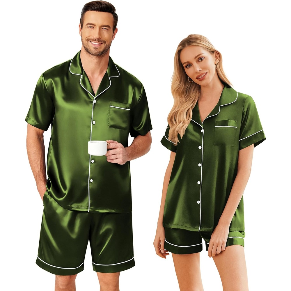 image:imageEkouaer Couple Matching Pajamas Sets Silk Short Sleeve Button Up SleepwearDark Army Green