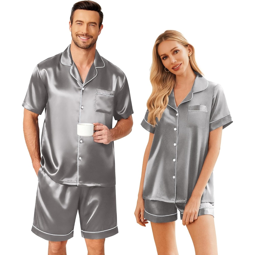 image:imageEkouaer Couple Matching Pajamas Sets Silk Short Sleeve Button Up SleepwearDark Grey