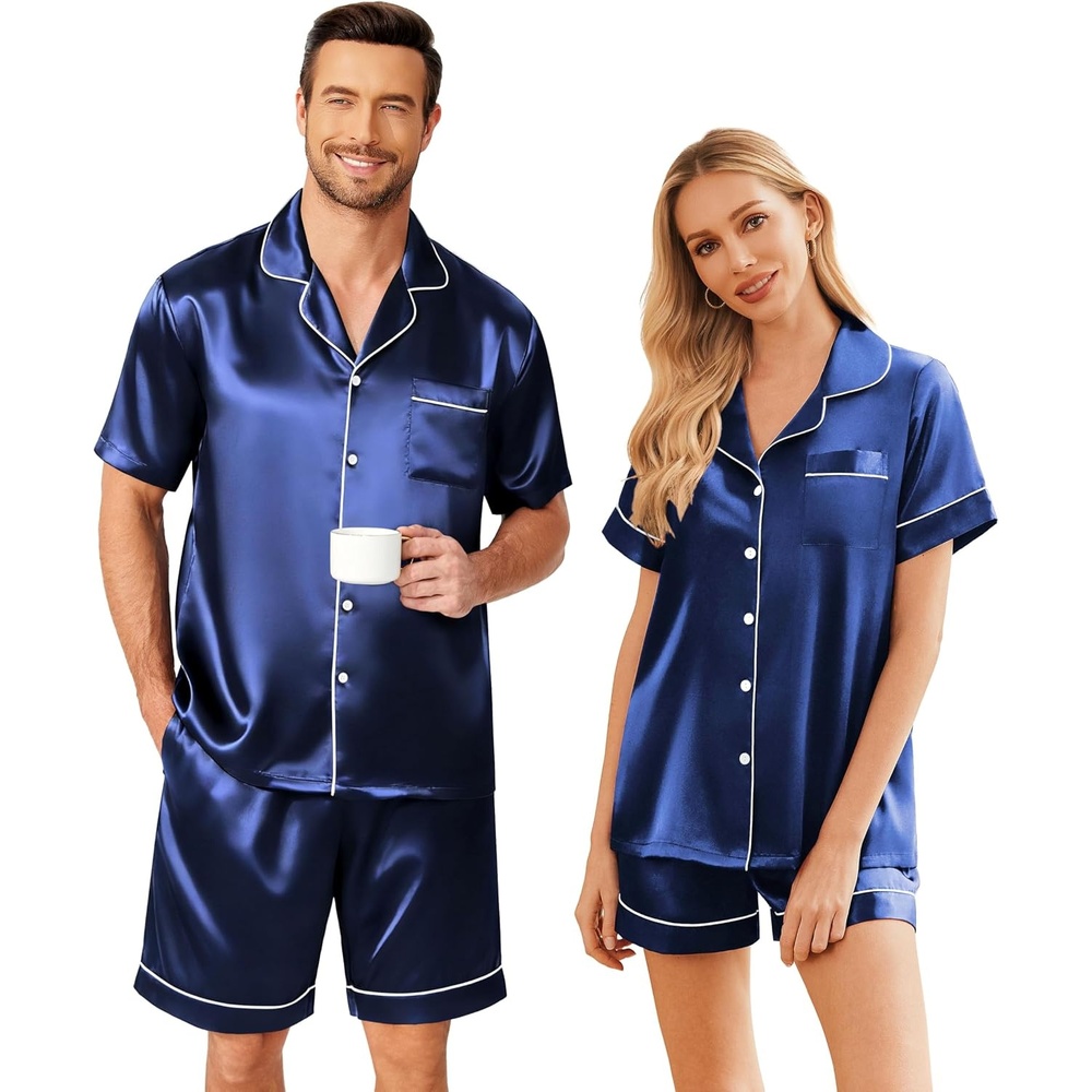 image:imageEkouaer Couple Matching Pajamas Sets Silk Short Sleeve Button Up SleepwearNavy