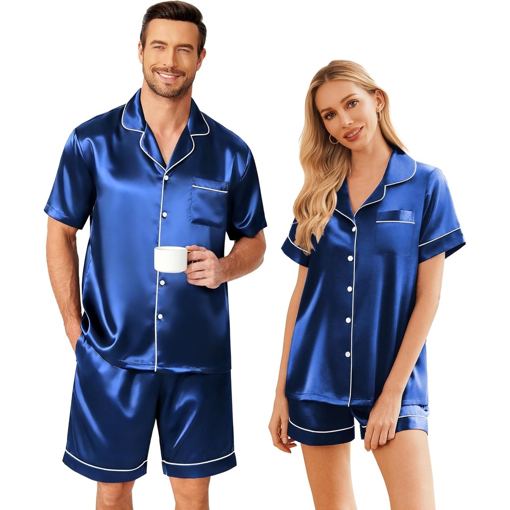 image:imageEkouaer Couple Matching Pajamas Sets Silk Short Sleeve Button Up SleepwearRoyal Blue