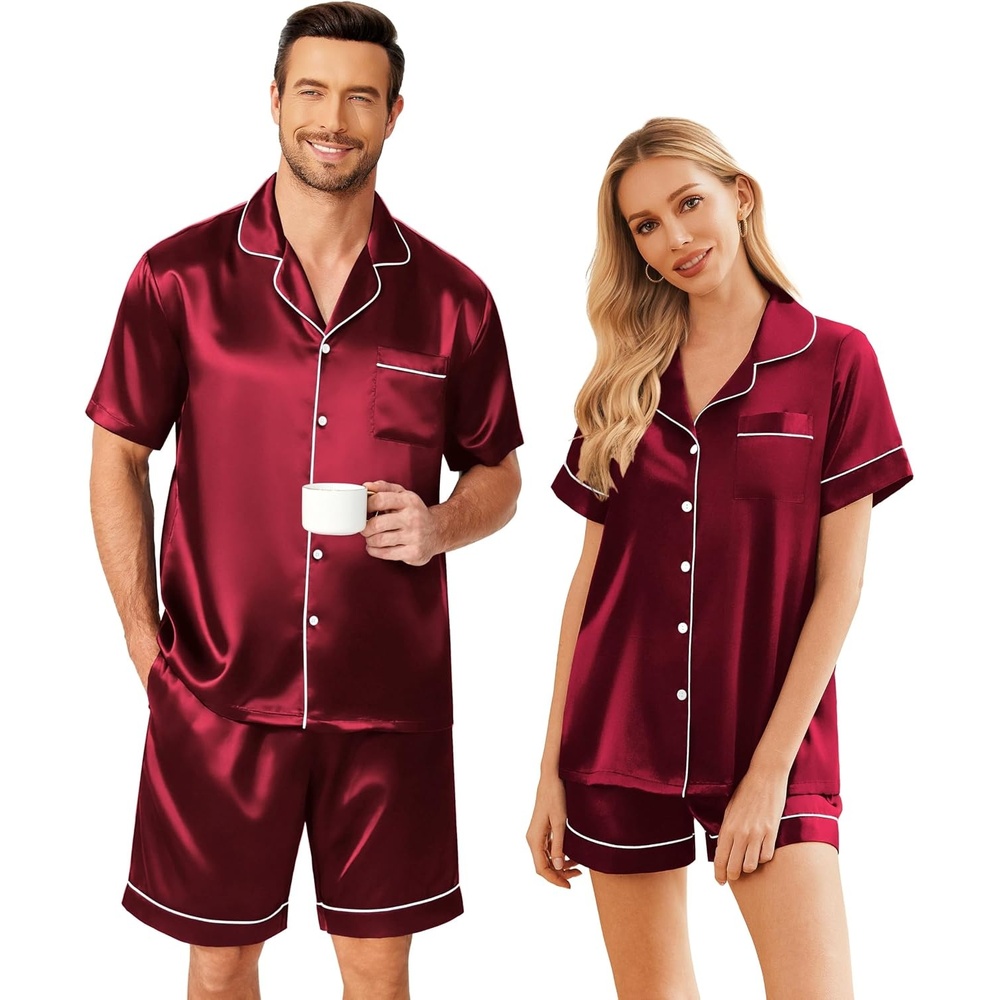 image:imageEkouaer Couple Matching Pajamas Sets Silk Short Sleeve Button Up SleepwearWine