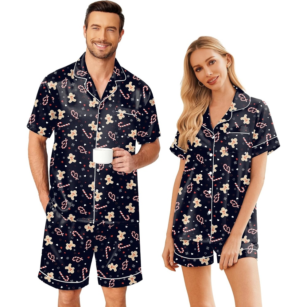 image:imageEkouaer Couple Matching Pajamas Sets Silk Short Sleeve Button Up SleepwearXmas Gingerbread