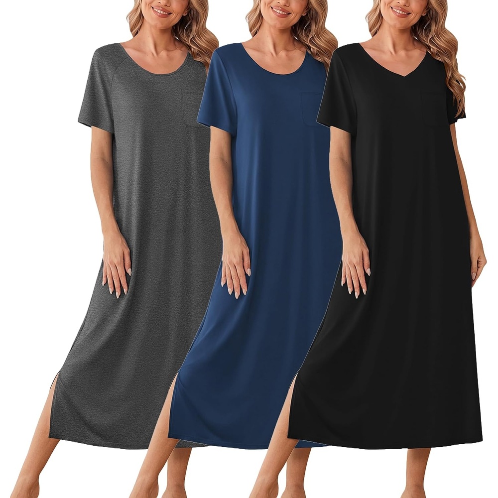 image:imageEkouaer Long Nightgowns for Women 3 Pack Plus Size Short Sleeve House DressBlackGreyBlue