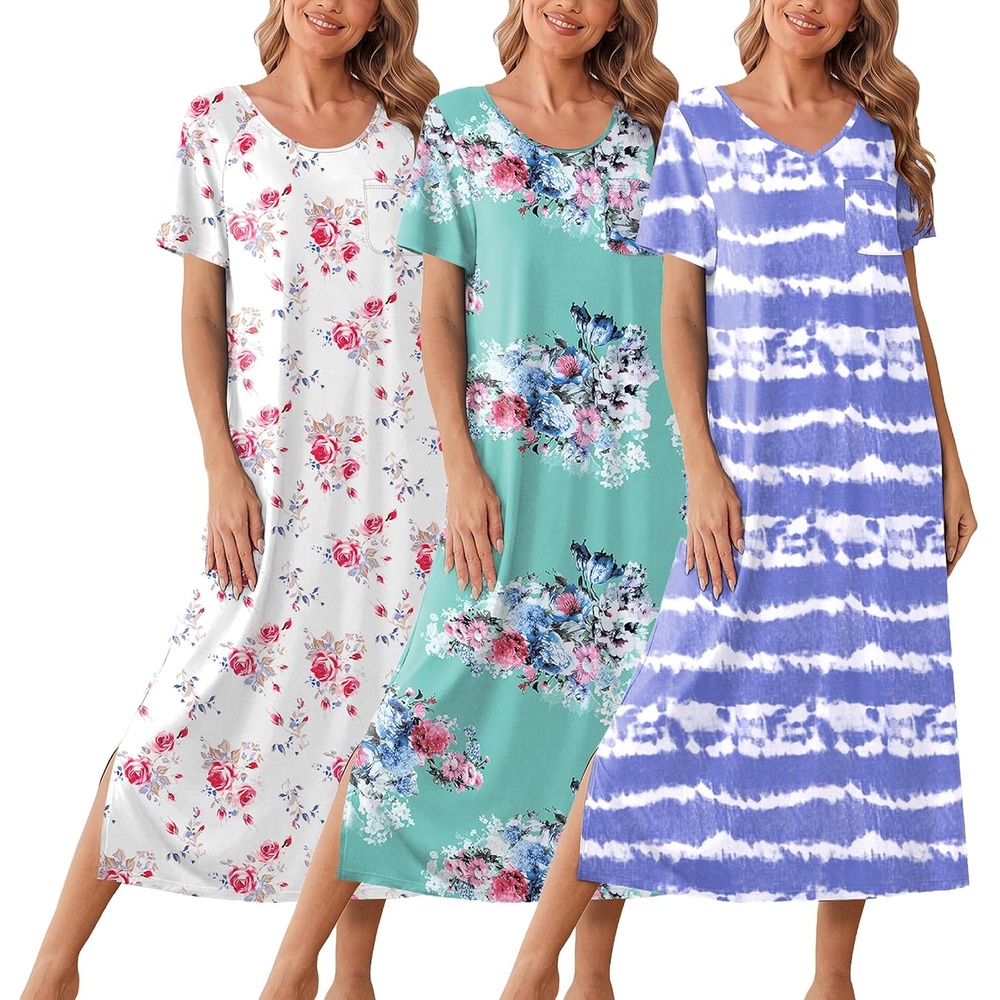 image:imageEkouaer Long Nightgowns for Women 3 Pack Plus Size Short Sleeve House DressTie Dye BlueWhite FloralGreen Flower
