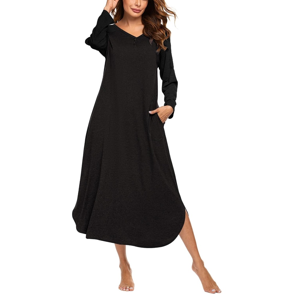 image:imageEkouaer Long Nightgowns for Women Long Sleeve House Dress with PocketsAll Black