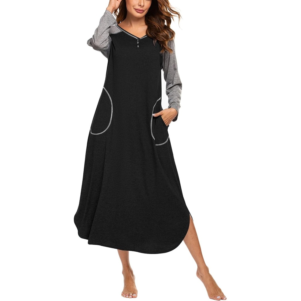 image:imageEkouaer Long Nightgowns for Women Long Sleeve House Dress with PocketsBlack