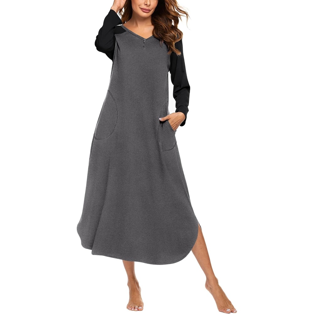 image:imageEkouaer Long Nightgowns for Women Long Sleeve House Dress with PocketsGrey
