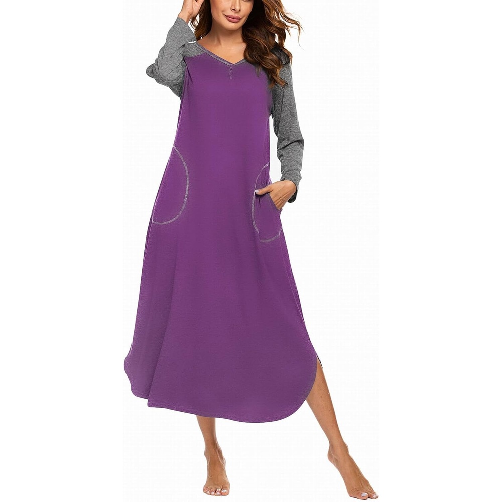 image:imageEkouaer Long Nightgowns for Women Long Sleeve House Dress with PocketsPurple